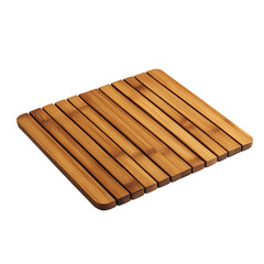 A minimalist bamboo bath mat with a natural wood finish on a white empty plain, isolated on fully transparent png background
