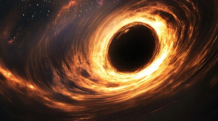 Naklejka premium Fiery black hole in space, swirling gases, cosmic background, science illustration