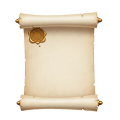 Realistic open parchment scroll with gold wax seal isolated isolated on white background