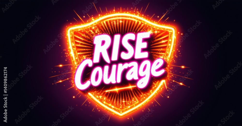 Aufkleber bright shield displays rise courage text. glowing effects, vibrant colors, dark background create po