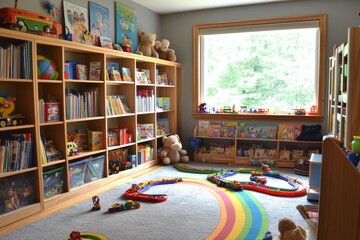 Colorful playroom with toys and books in a bright child's room