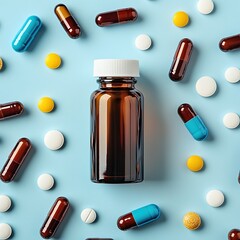 Assortment of colorful pills and tablets in a glass bottle on a light blue background, healthcare and medical concept. Medicine