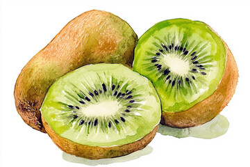 Watercolor kiwi some cut in half a white background