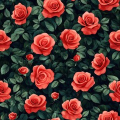 Seamless Coral Roses Pattern Dark Green Leaves Detailed Illustration