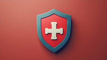 Fototapeta premium Textured Red Shield with White Cross and Gray Outline Design for Protection and Security Symbolism