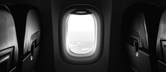 Monochromatic airplane window view with seats emphasizing travel mood