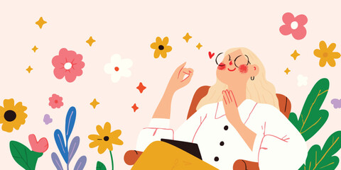 An illustration depicts a woman surrounded by flowers, lost in thoughts and in a state of mindfulness and peace. It's a visual ode to tranquility and the art of contemplation.