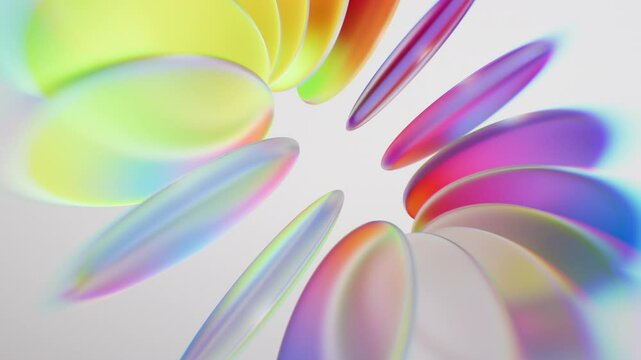 Looping 3D animation. An abstract unfocused background with a holographic effect. Round, flat glass lenses refract light in all the colors of the spectrum. Ambient multicolored aesthetic design