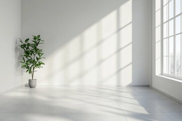 Fototapeta premium Minimalist interior with large window and indoor plant in sunlit room