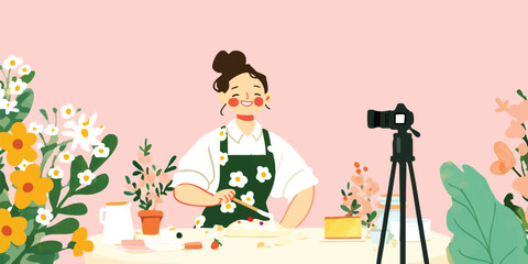 Obraz premium A vibrant scene unfolds as a young woman, enveloped in a cozy atmosphere, creates content in her home studio, a camera captures every moment of her creative process.