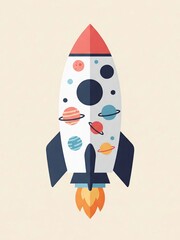 Flat illustration style product design of Minimalist rocket with planet icons, space theme