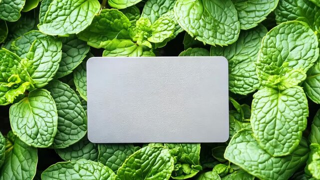 A silver card is placed in the dense green mint leaves. v4