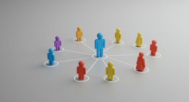 Group of colorful figures connected by lines on a white surface.