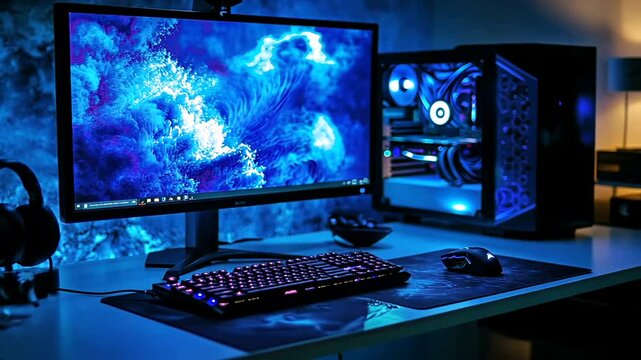 Gamer plays PC game at night, blue lighting