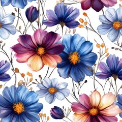 Fototapeta premium Watercolor Blue Purple Orange Cosmos Flower Seamless Pattern