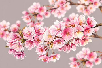 Fototapeta premium Blossoming cherry flowers in watercolor, delicate pink tones