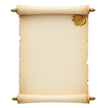 Realistic open parchment scroll with gold wax seal isolated isolated on white background