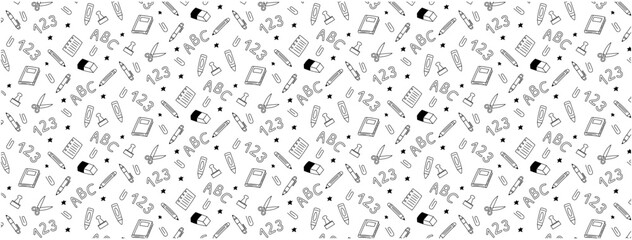 elementary school stationary icon doodle hand drawing seamless pattern monochrome