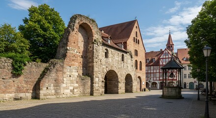 Fototapeta premium Historic Stone Archway in Town Square on Sunny Day