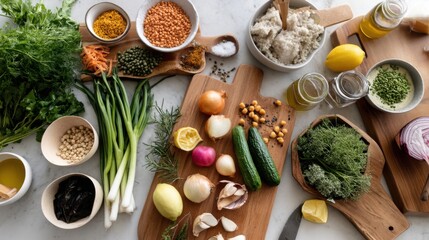 Overhead shot of fresh ingredients arranged on wooden boards in a kitchen setting for cooking