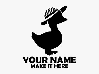 Duck isolated clip art design. White background, bird duck vector. Simple black silhouette illustration of a cute cartoon duck wearing a striped hat on a transparent background, logo duck cute