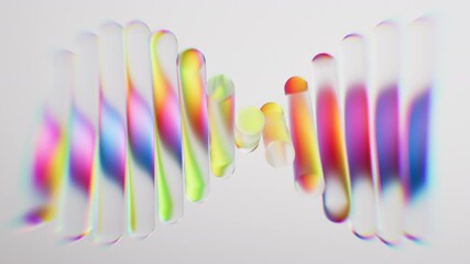 Looping 3D animation. Abstract minimalist aesthetic background with holographic effect. Cylinder glass lenses spin and rotate, featuring DNA chain, shimmering in all the colors of the neon spectrum - Powered by Adobe