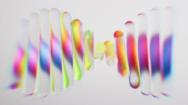 Looping 3D animation. Abstract minimalist aesthetic background with holographic effect. Cylinder glass lenses spin and rotate, featuring DNA chain, shimmering in all the colors of the neon spectrum