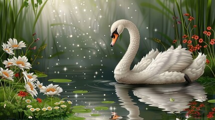 Majestic swan in a serene forest pond