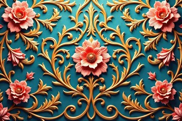 Intricate woven floral damask, elegant swirls and leaves , textile, damask