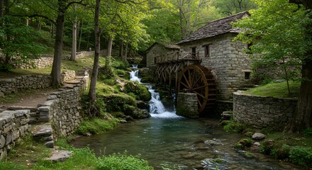 Historic Stone Mill with Water Wheel and Cascading Waterfall