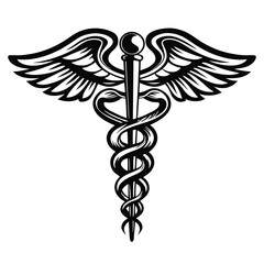 Caduceus Black and White Medical Symbol with Snakes and Wings Design