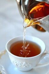 Pouring Hot Tea into Elegant Teacup, Closeup