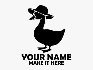 Duck isolated clip art design. White background, bird duck vector. Simple black silhouette illustration of a cute cartoon duck wearing a striped hat on a transparent background, logo duck cute