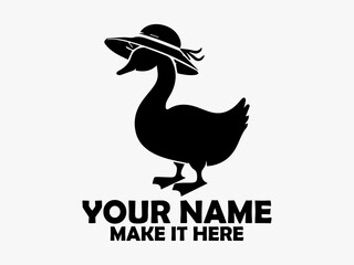 Duck isolated clip art design. White background, bird duck vector. Simple black silhouette illustration of a cute cartoon duck wearing a striped hat on a transparent background, logo duck cute