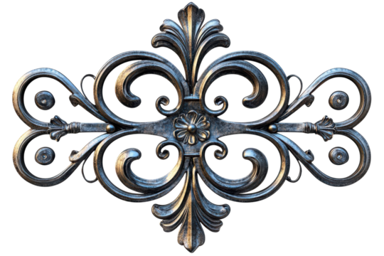 Elegant silver metal filigree design ornate baroque swirls intricate on transparent background
