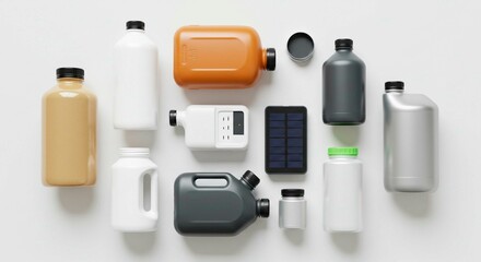 Flat lay of various plastic containers, bottles, and a solar panel on a white surface backdrop view