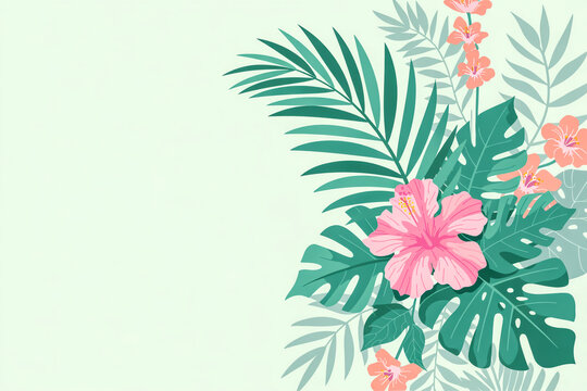 Palm leaf and flower composition, jungle theme, flat design