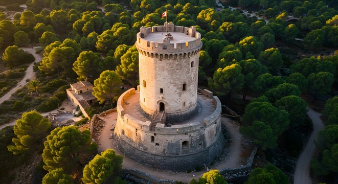 Historic Stone Tower Surrounded by Green Forest From Above