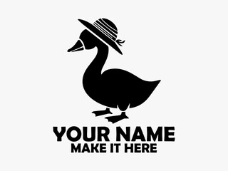 Duck isolated clip art design. White background, bird duck vector. Simple black silhouette illustration of a cute cartoon duck wearing a striped hat on a transparent background, logo duck cute