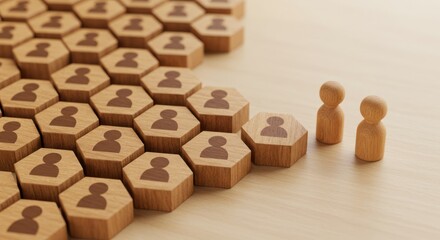 Wooden figures and hexagons represent people or employees on a light surface.