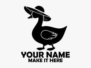 Duck isolated clip art design. White background, bird duck vector. Simple black silhouette illustration of a cute cartoon duck wearing a striped hat on a transparent background, logo duck cute