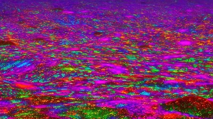 Vibrant psychedelic terrain transformation with dynamic color shifts and texture changes