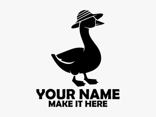Duck isolated clip art design. White background, bird duck vector. Simple black silhouette illustration of a cute cartoon duck wearing a striped hat on a transparent background, logo duck cute