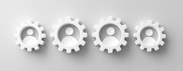 A series of four white gears with human figures inside, symbolizing collaboration, teamwork, and the integration of people in processes.