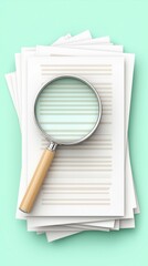 A magnifying glass is placed over a stack of papers, emphasizing scrutiny and detail against a soft mint background.