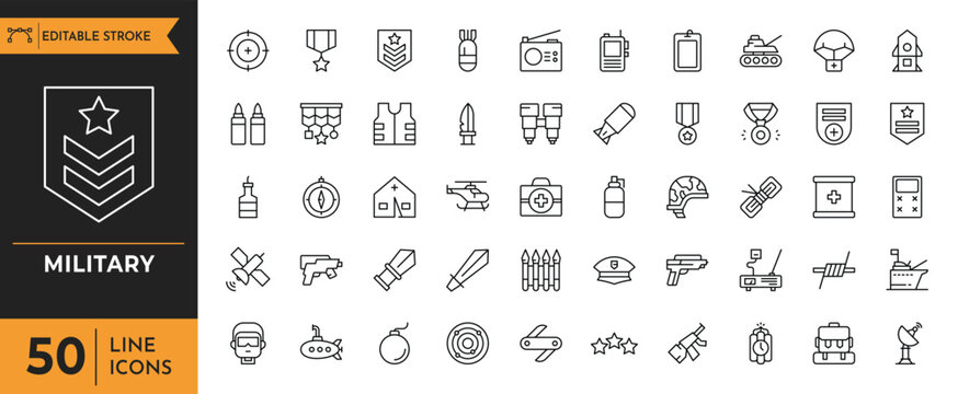 Military outline icon set. Containing Military Equipment, tools, aids, appliances, and more. Vector illustration