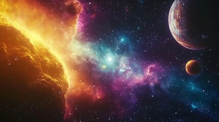 Obraz premium Vibrant Cosmic Scene with Planets and Galaxy, Vibrant cosmic scene with planets, stars, and a galaxy