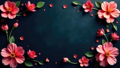 Fototapeta premium Scattered, stylized blossoms in muted tones on dark backdrop, flowers, graphic, art