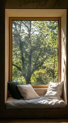 Fototapeta premium Relaxing window nook with cushions and natural light