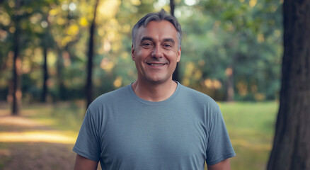Um homem atraente vestindo uma camiseta cinza em um parque arborizado
